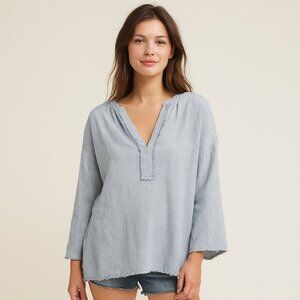 Velvet by Graham & Spencer Blue White Striped Fringe Peasant Coastal Top Size S